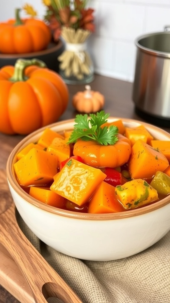 A hearty bowl of pumpkin vegetable stew with pumpkin, carrots, and bell peppers, garnished with parsley, in a cozy kitchen.